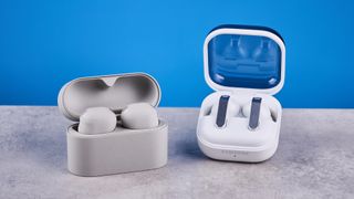 a photo of the samsung galaxy buds 4 pro and the sony wf-1000xm6 side by side against the blue tom's guide background