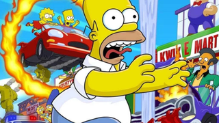 Homer Simpson screams, running through vehicular carnage as part of the box art for The Simpsons: Hit & Run.