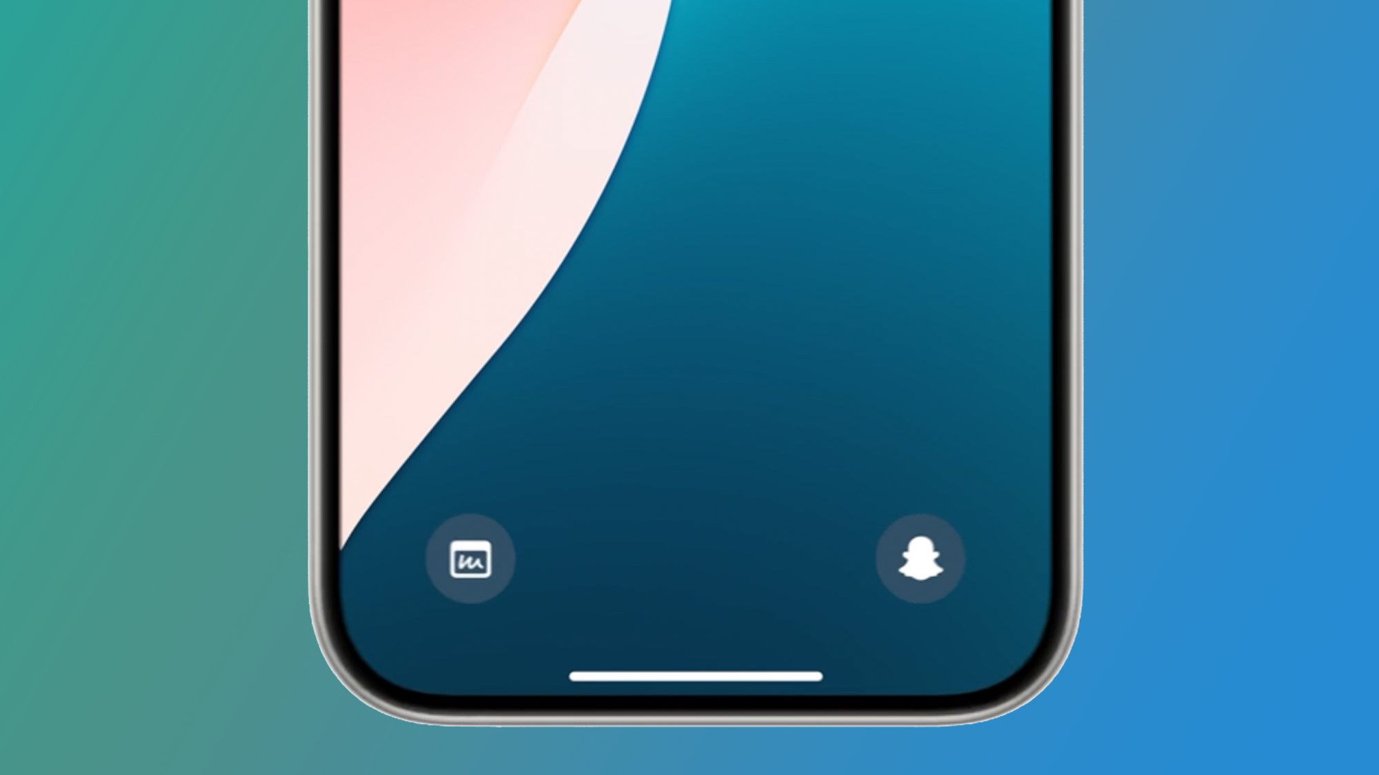 An iPhone on a blue green background showing shortcuts to the lock screen