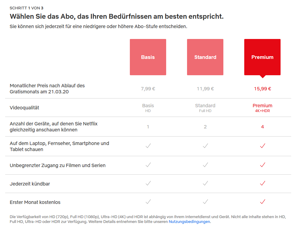 Preise für Netflix-Abos mit Stand Februar 2020
