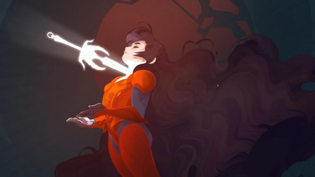 A woman in a red suit of armor closes her eyes as a magical, slowing, bright white sword stabs her neck in a screenshot from At Fate's End.