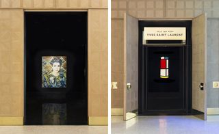 Left: Entrance to the photo gallery with illuminated images. Right: open doors to a dark room with a dress in a geometric design