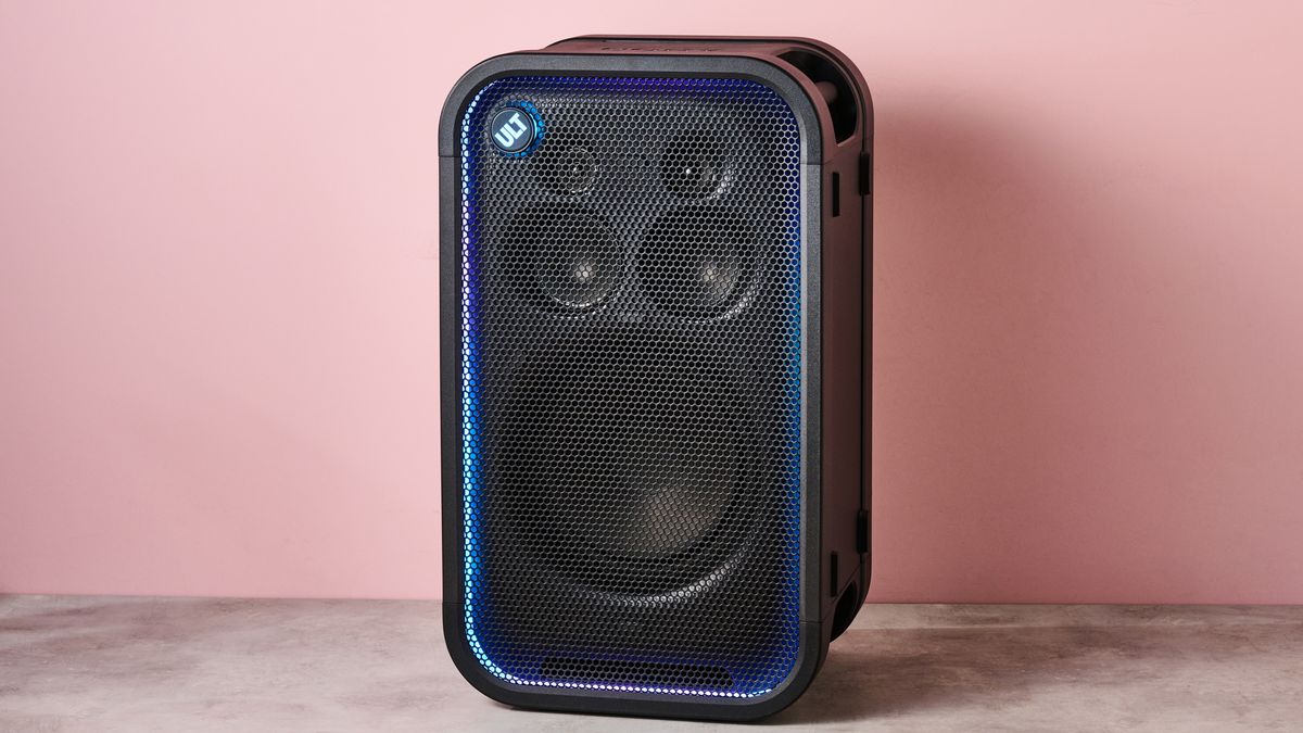 Sony ULT Tower 7 upright against pink background