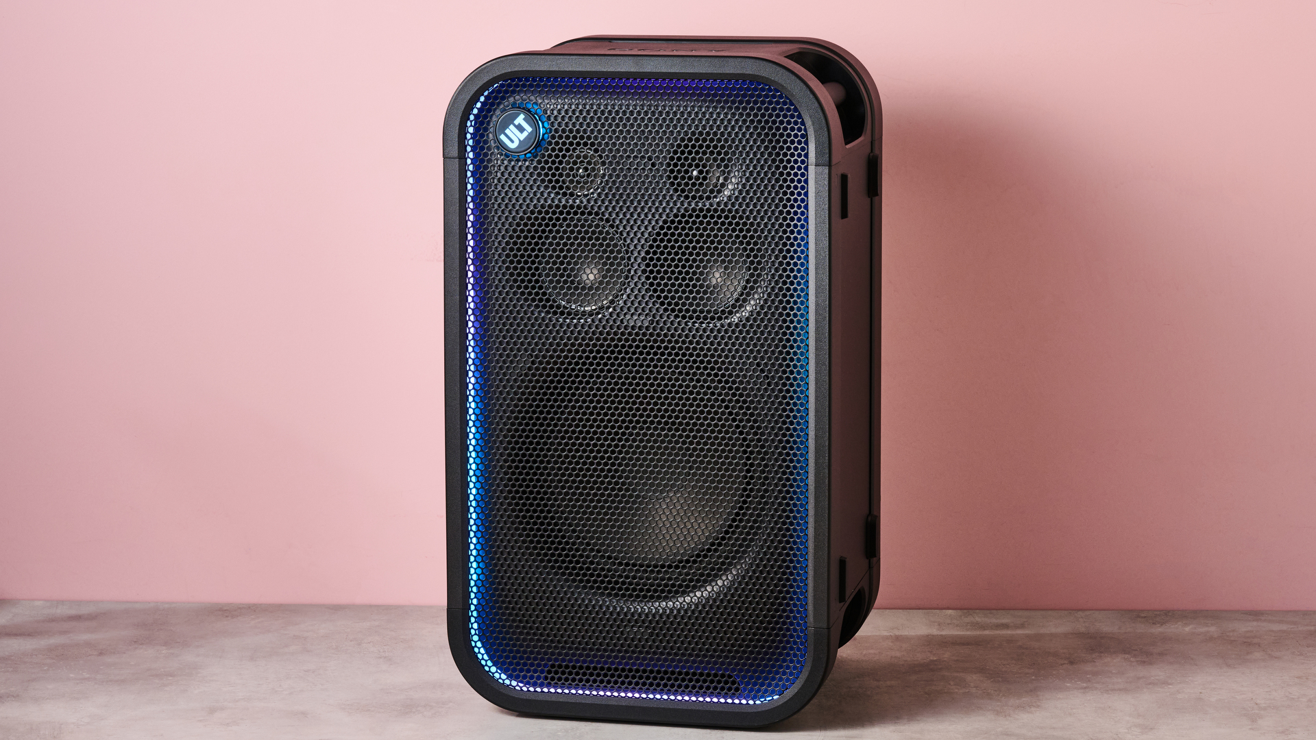 Sony ULT Tower 7 upright against pink background
