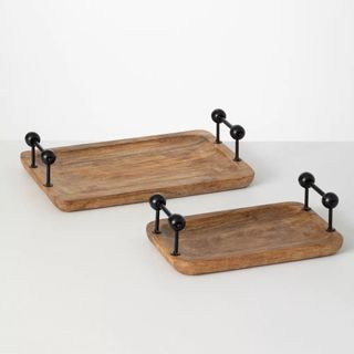 Wooden trays with shapely black handles