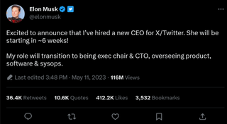 Elon Musk tweets about staying on as executive chairman and CTO of Twitter