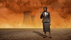 Photo composite illustration of Kemi Badenoch campaigning in front of a toxic landscape