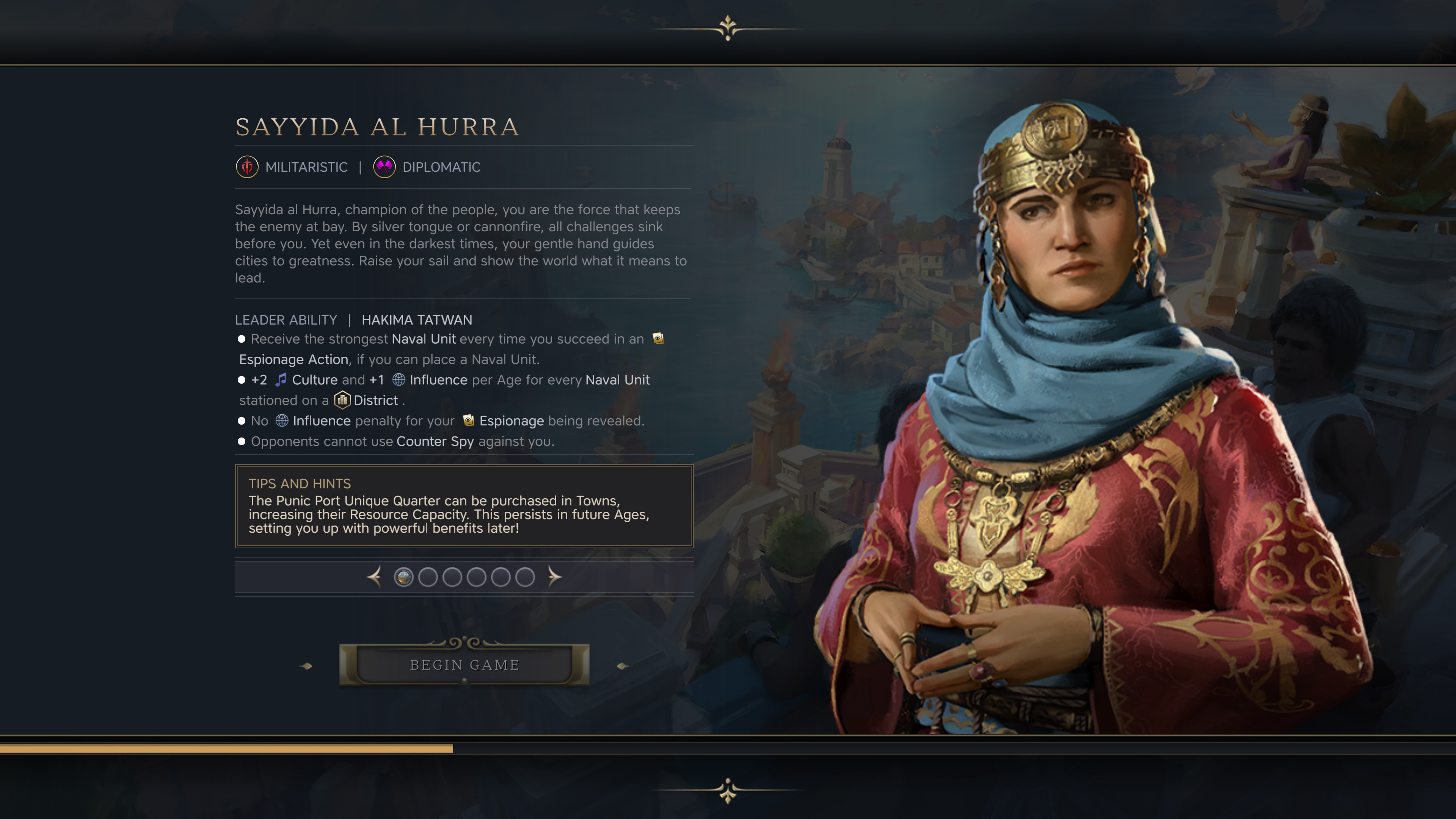 The Civ 7 character screen for Sayyida al-Hurra.