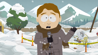 A reporter in South Park: Snow Day explaining that school is cancelled for the day