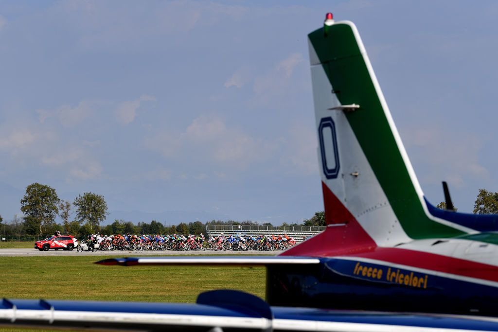 PIANCAVALLO ITALY OCTOBER 18 Start Frecce Tricolori Air Patrol Aerial exhibition Base Aerea Rivolto Peloton Plane Detail view during the 103rd Giro dItalia 2020 Stage 15 a 185km stage from Base Aerea Rivolto Frecce Tricolori to Piancavallo 1290m girodiitalia Giro on October 18 2020 in Piancavallo Italy Photo by Stuart FranklinGetty Images