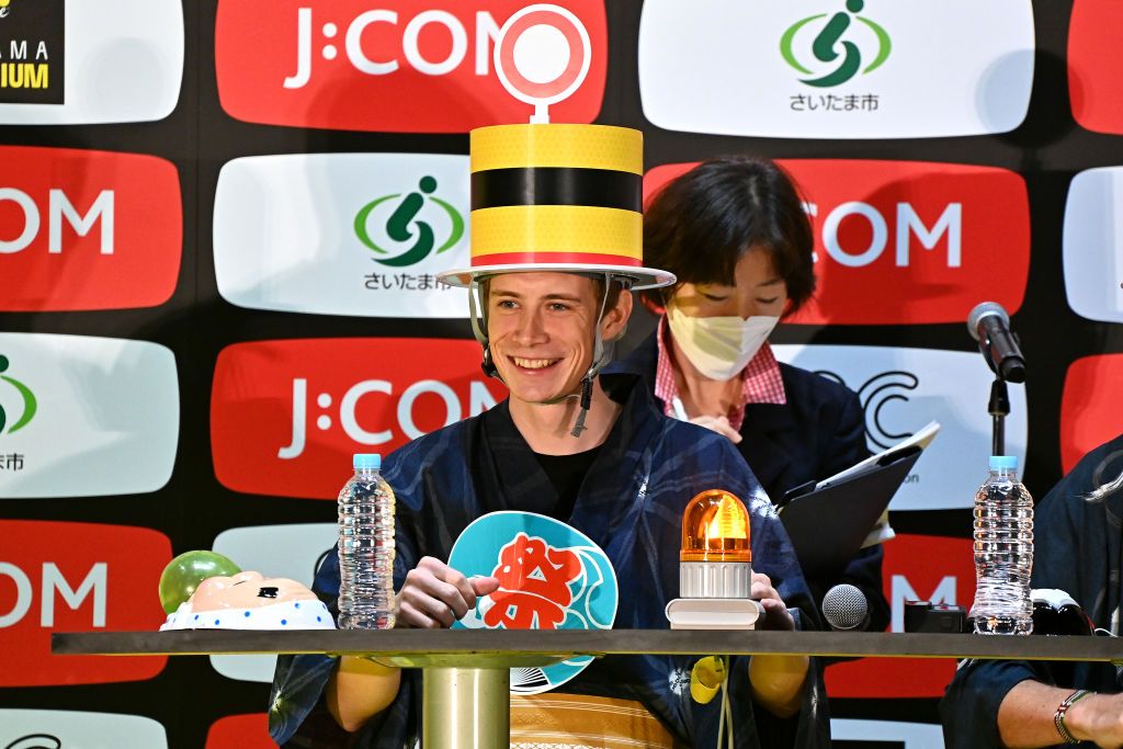 SAITAMA JAPAN NOVEMBER 05 Jonas Vingegaard Rasmussen of Denmark and Team Jumbo Visma Yellow Leader Jersey participates in a Quiz Contest at Thematic Japanese Festival during the 8th Tour de France Saitama Criterium 2022 Media Day SaitamaCriterium on November 05 2022 in Saitama Japan Photo by Kenta HaradaGetty Images