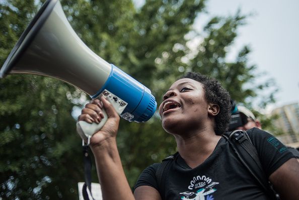 A protester outside the Carolina Panthers game on Sunday.