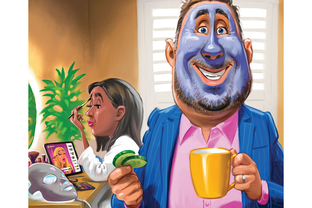 Beauty industry illustration - man in a facemask holding a mug