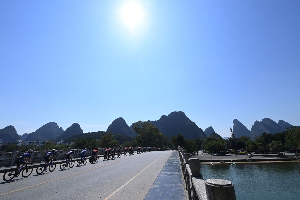 GUILIN CHINA OCTOBER 17 A general view of the peloton competing during the 4th GreeTour of Guangxi 2023 Stage 6 a 1683km stage from Guilin to Guilin UCIWT on October 17 2023 in Guilin China Photo by Tim de WaeleGetty Images