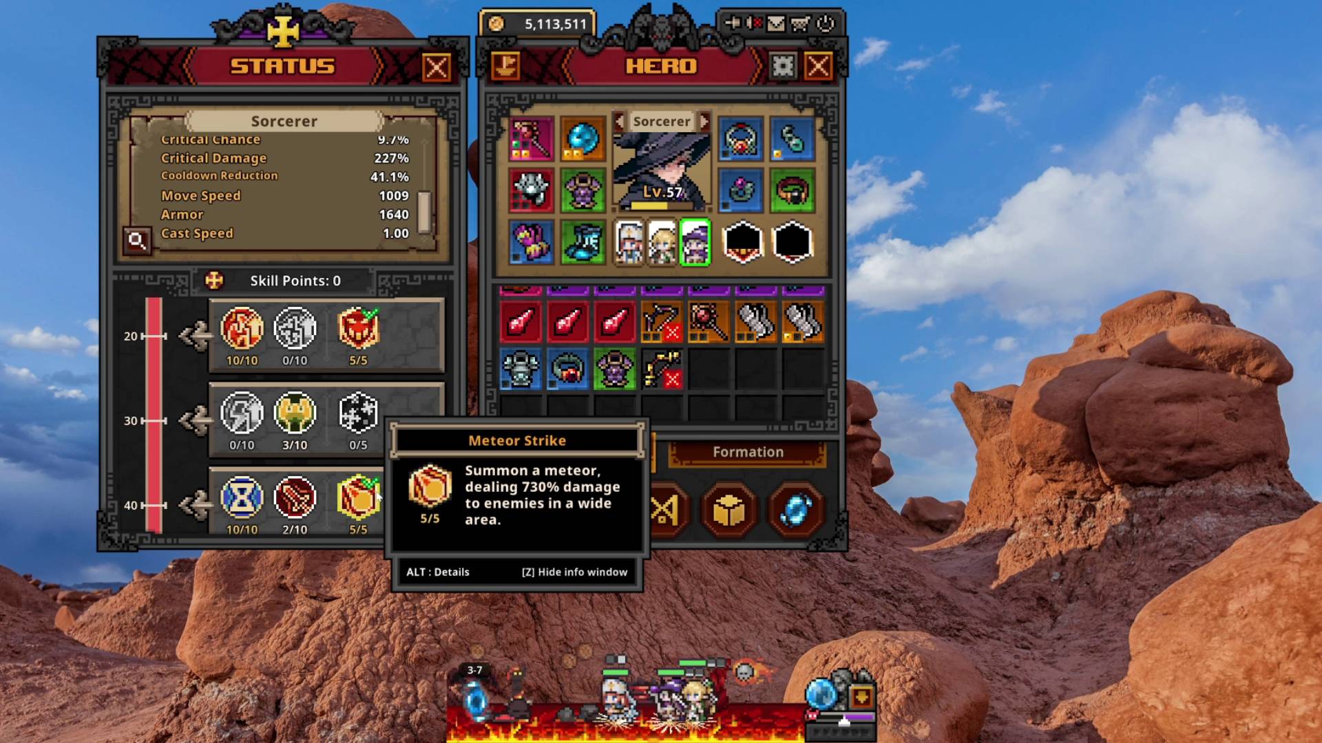Task Bar Hero Sorcerer Meteor Strike skill as part of level 50+ build