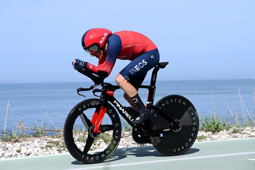 ORTONA ITALY MAY 06 Geraint Thomas of The United Kingdom and Team INEOS Grenadiers sprints next to the Trabucco Fishing platform during the 106th Giro dItalia 2023 Stage 1 a 196km individual time trial from Fossacesia Marina to Ortona UCIWT on May 06 2023 in Ortona Italy Photo by Tim de WaeleGetty Images