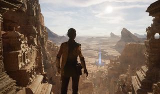 En spelkaraktär som står uppe på ett berg i en öken och blickar ned mot en portal i Unreal Engine 5