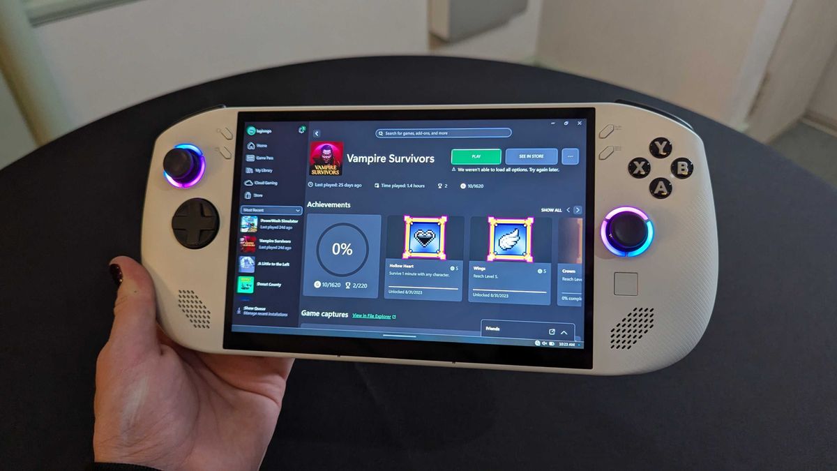 A Lenovo Legion Go S with Windows held in the hand and showing the Xbox app.