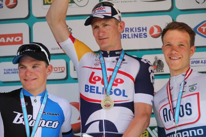 Stage 4 podium (L-R): Moreno Hofland, 3rd; Andr&eacute; Greipel, 1st; Nikias Arndt, 2nd