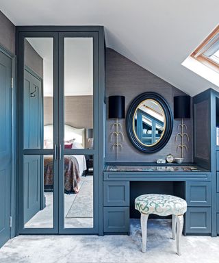 Blue built in wardrobes as small bedroom storage.