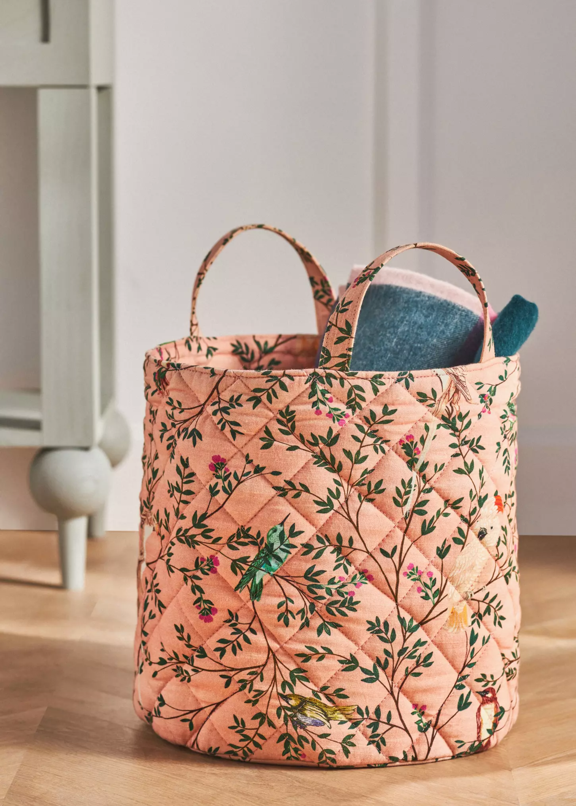 A patterned storage basket from Anthropologie