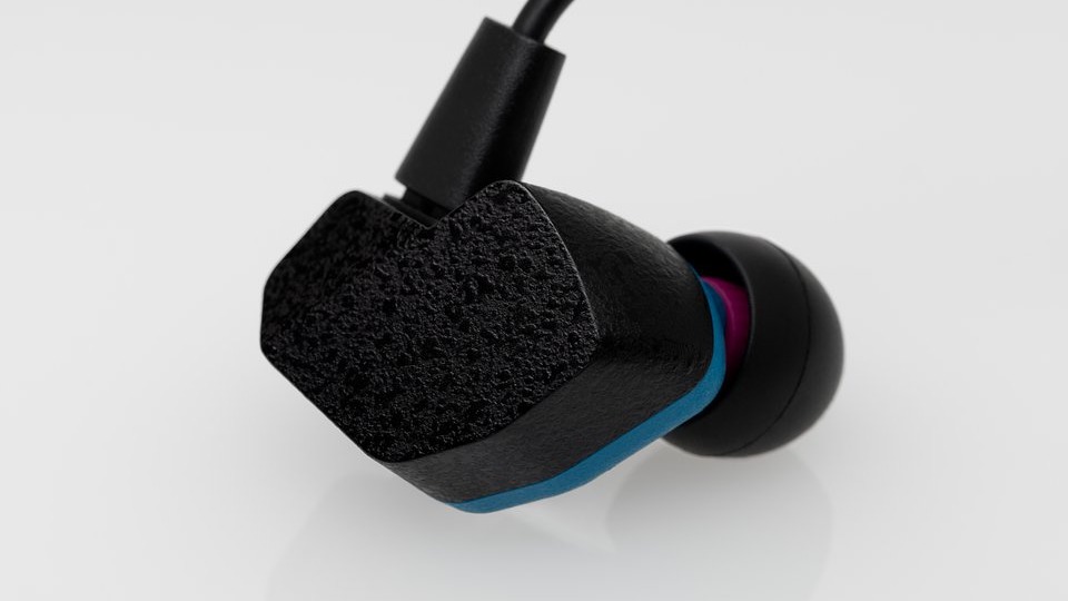 Final A2000 wired earbud earphone closeup in black and blue