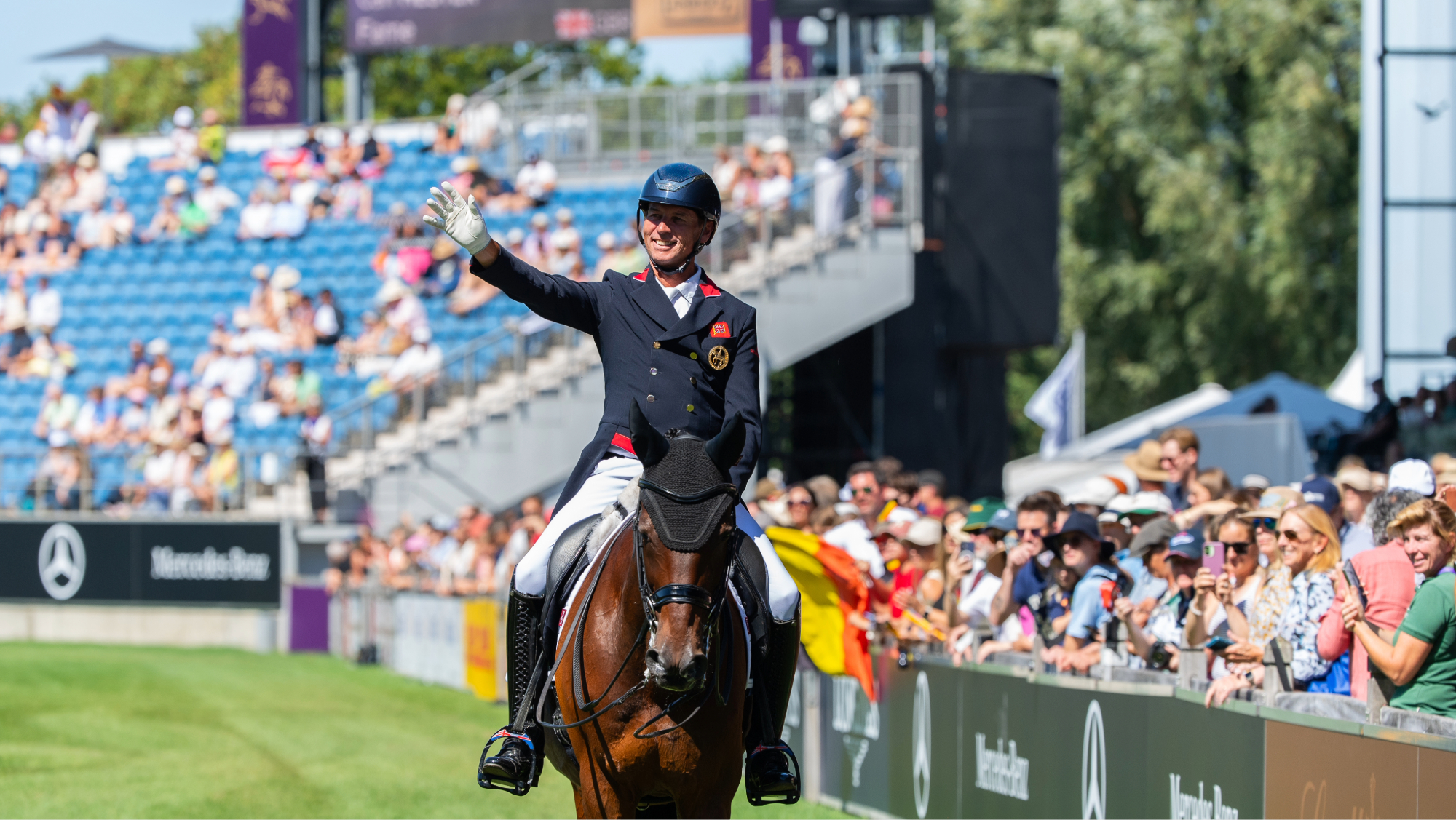 Carl Hester leaves the arena riding Fame at the 2026 World Championships in Aachen