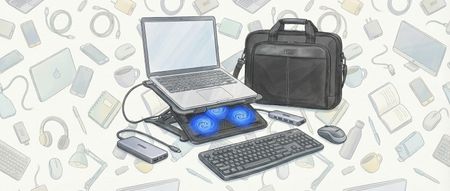 Illustration showing a laptop plugged into various products