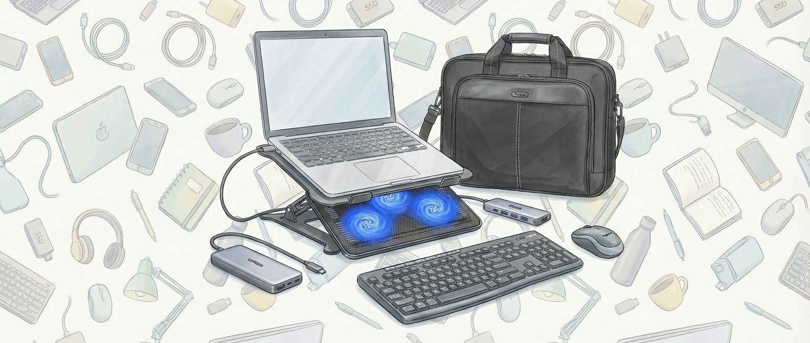 Illustration showing a laptop plugged into various products