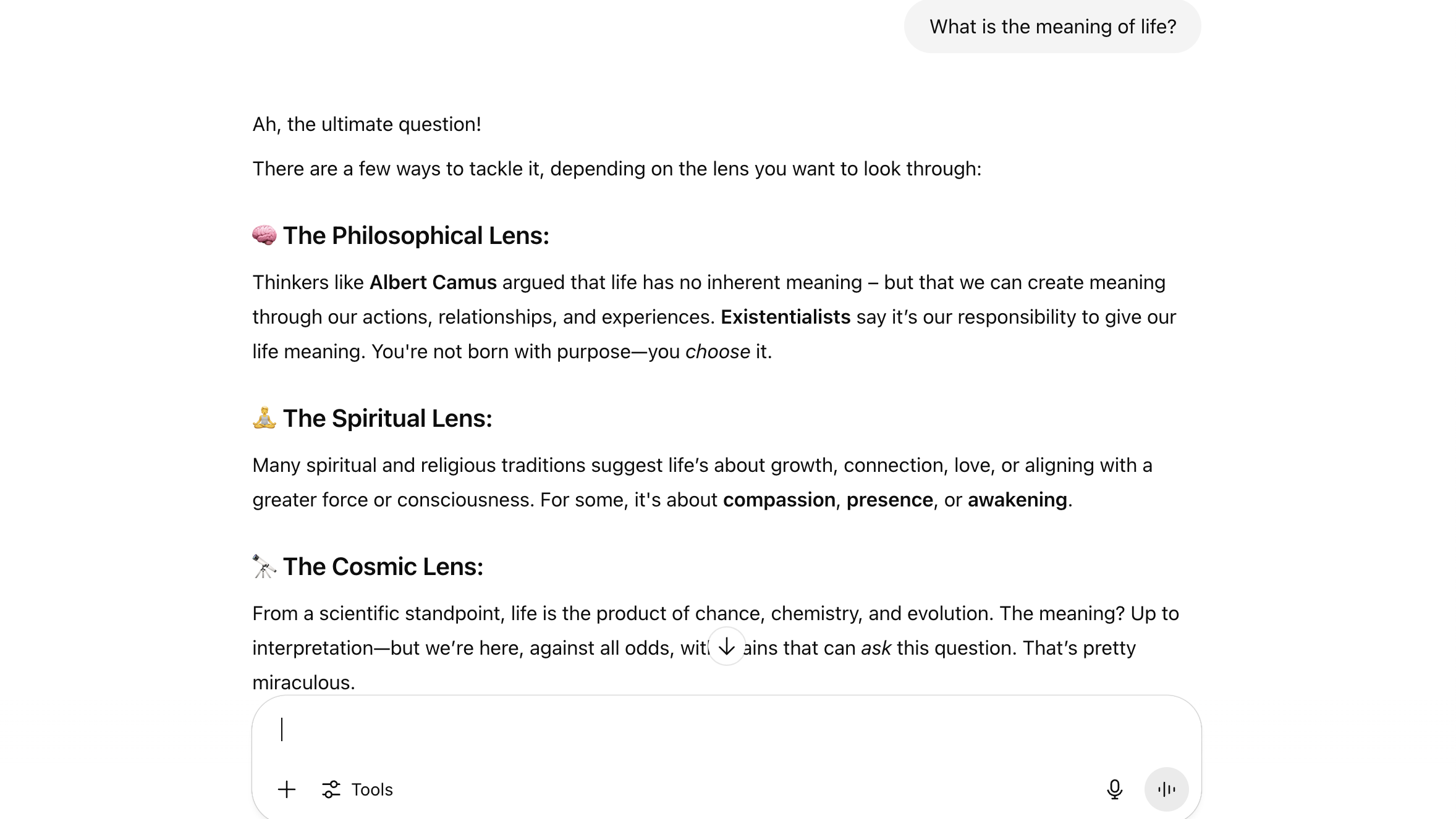 A screenshot of the ChatGPT interface answering philosophical questions, what is the meaning of life