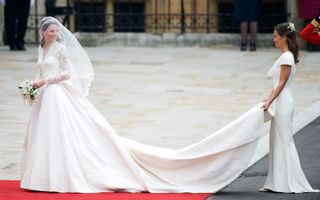 Catherine Duchess and Pippa Middleton (R) of Cambridge arrive for the marriage of Their Royal Highnesses Prince William Duke of Cambridge and Catherine Duchess of Cambridge at Westminster Abbey on April 29, 2011 in London, England.