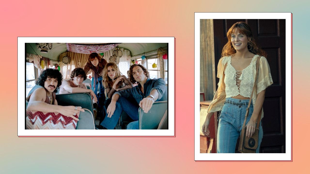 Daisy Jones &amp; The Six outfits: (Left to Right): Sebastian Chacon (Warren Rojas), Will Harrison (Graham Dunne), Josh Whitehouse (Eddie Roundtree) Suki Waterhouse (Karen Sirko), Sam Claflin (Billy Dunne) pictured in an orange, pink and blue template