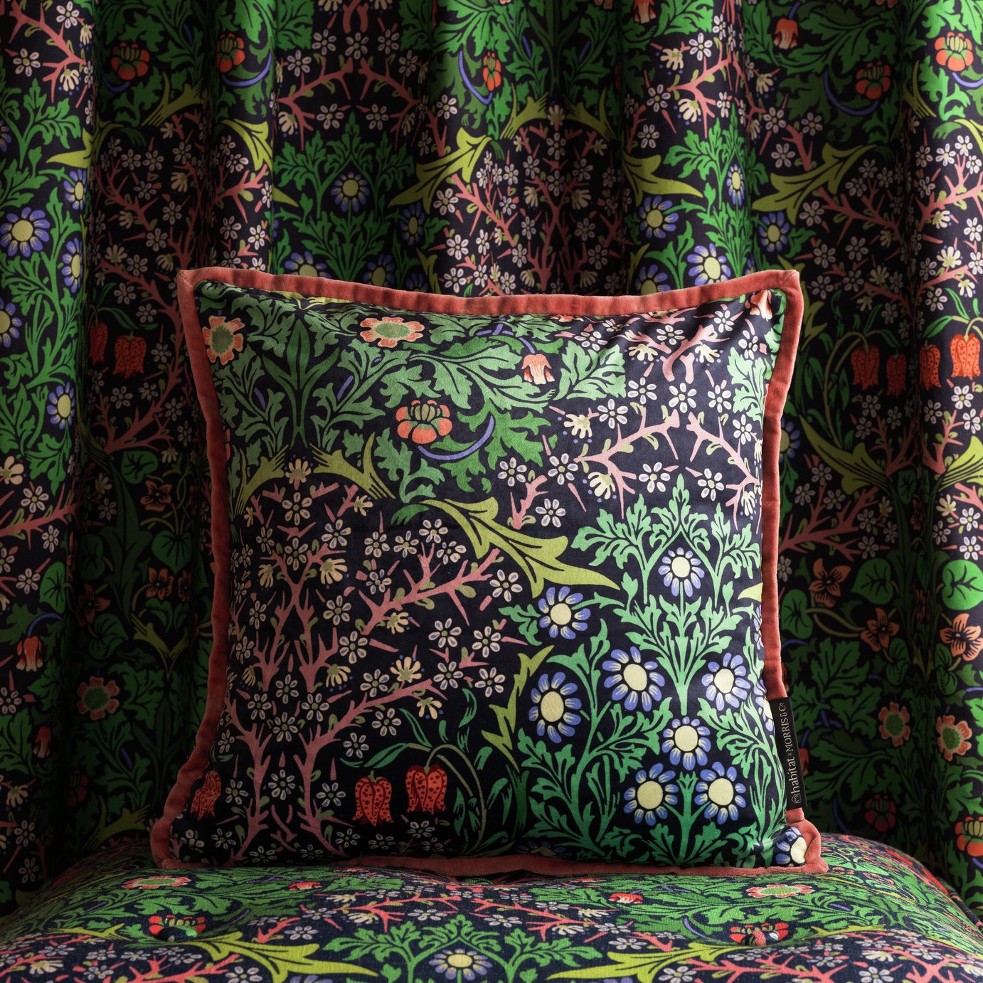 Habitat X Morris &amp;amp; Co. Blackthorn Cushion - Green - 43x43cm