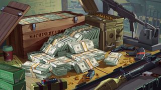 A pile of money and weapons lay on a table in GTA 5