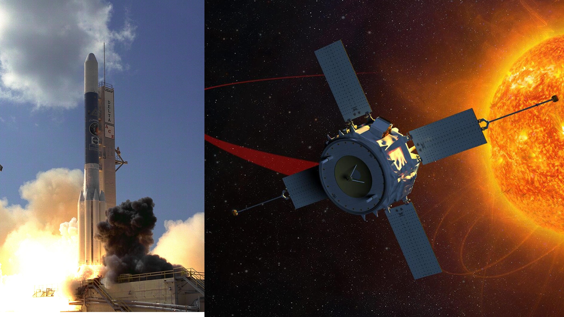 two images; on left, a white rocket launches during the day above a plume of smoke; on the right, a squat cylindrical spacecraft with four rectangular solar panels flies through space with the sun visible in the background