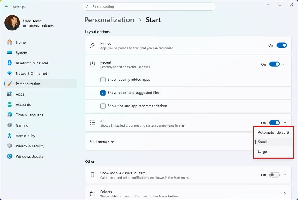 Settings interface showing Start menu options under Personalization.