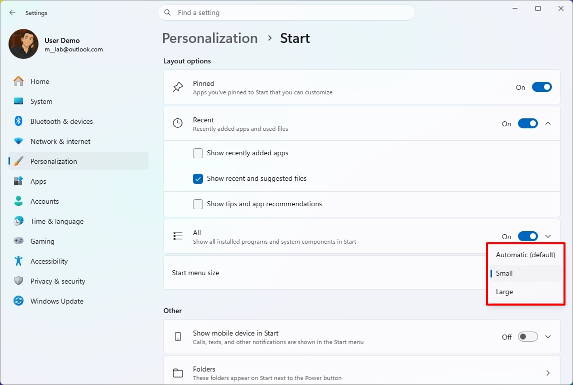 Settings interface showing Start menu options under Personalization.