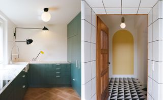 Green kitchen and yellow hallway at Villa Nilon in Zurich