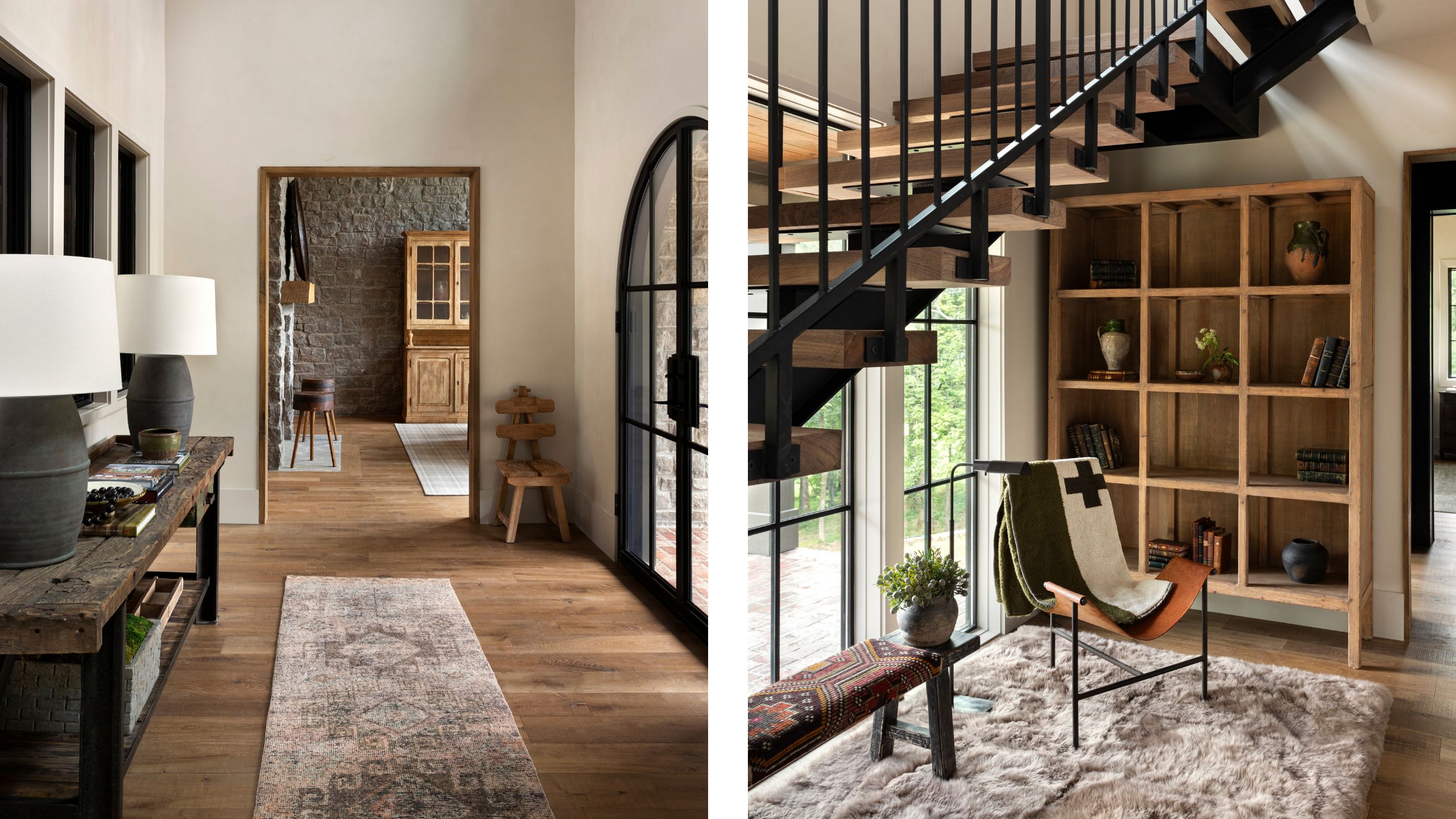two side by side images of newly built home entry filled with antique furnishings and modern metalwork stairs and doors