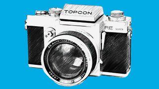 LIne drawing of Topcon RE Super 35mm SLR camera on a blue background