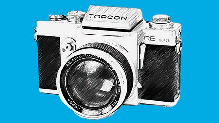 LIne drawing of Topcon RE Super 35mm SLR camera on a blue background