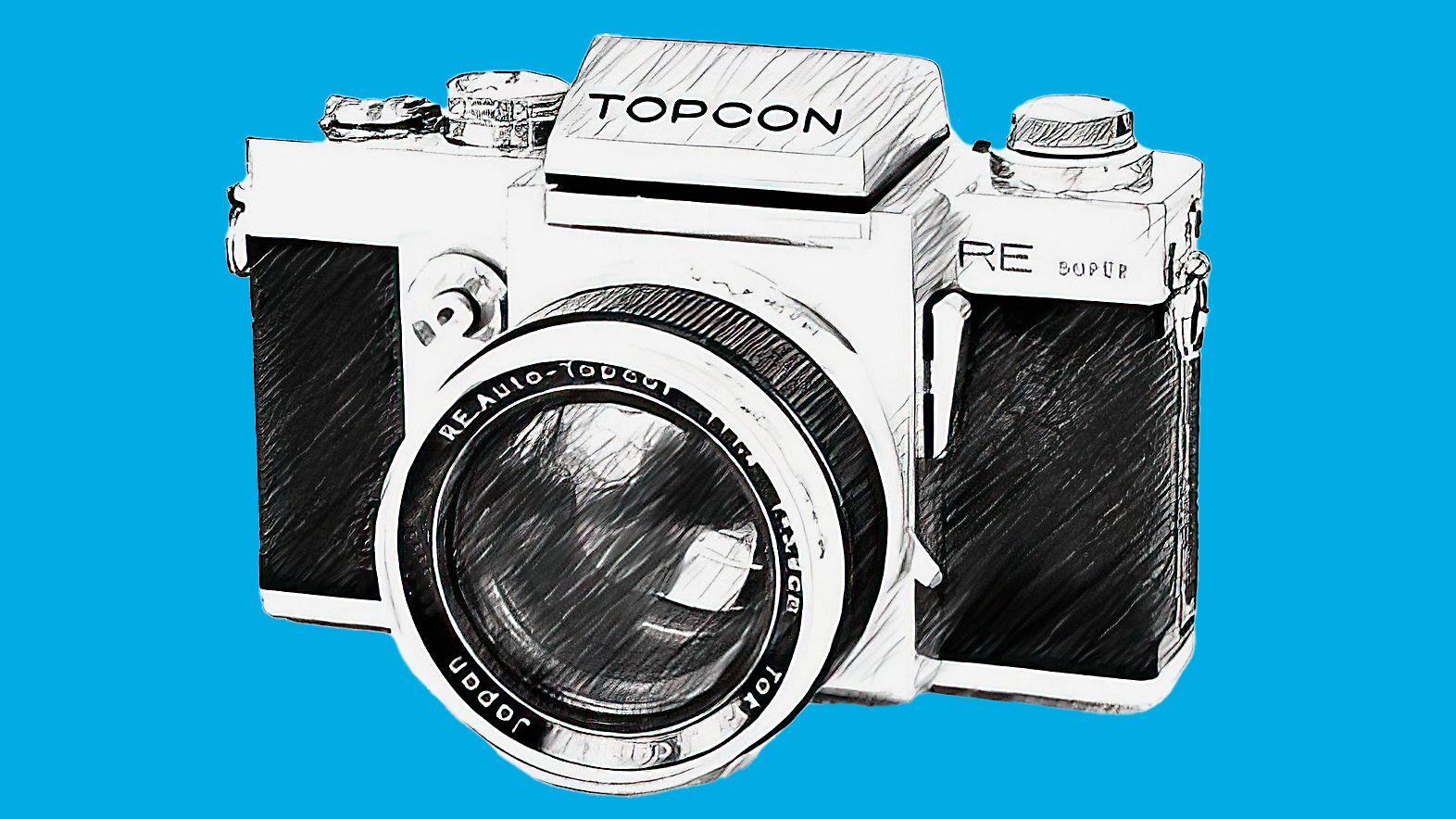 LIne drawing of Topcon RE Super 35mm SLR camera on a blue background