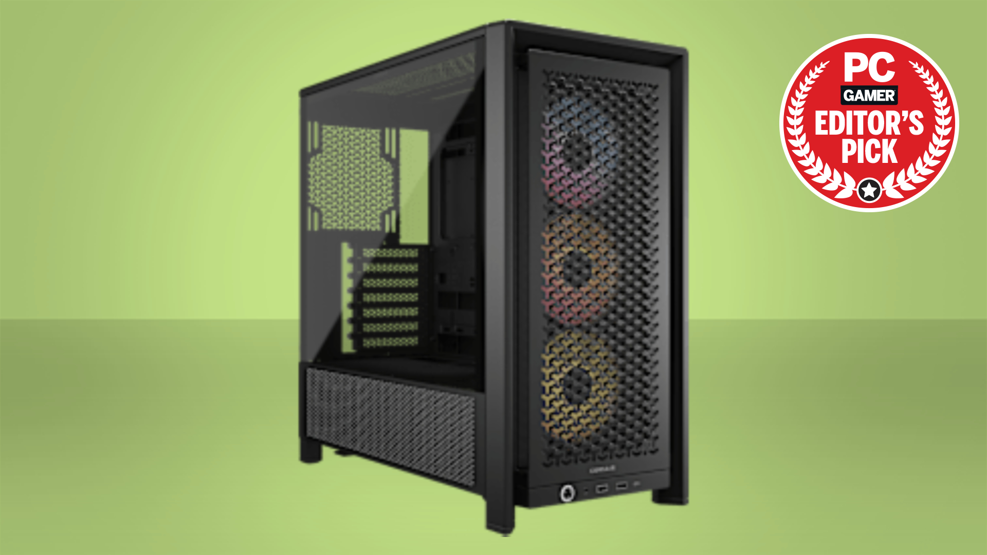 The Corsair Frame 400D case on a green background with the PC Gamer Editor's Pick badge in the top right