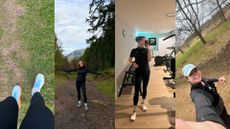 Digital Health Editor Grace Walsh wearing leggings from Gymshark, Uniqlo, and Sweaty Betty in collage of walking, hiking, running, and going to the gym