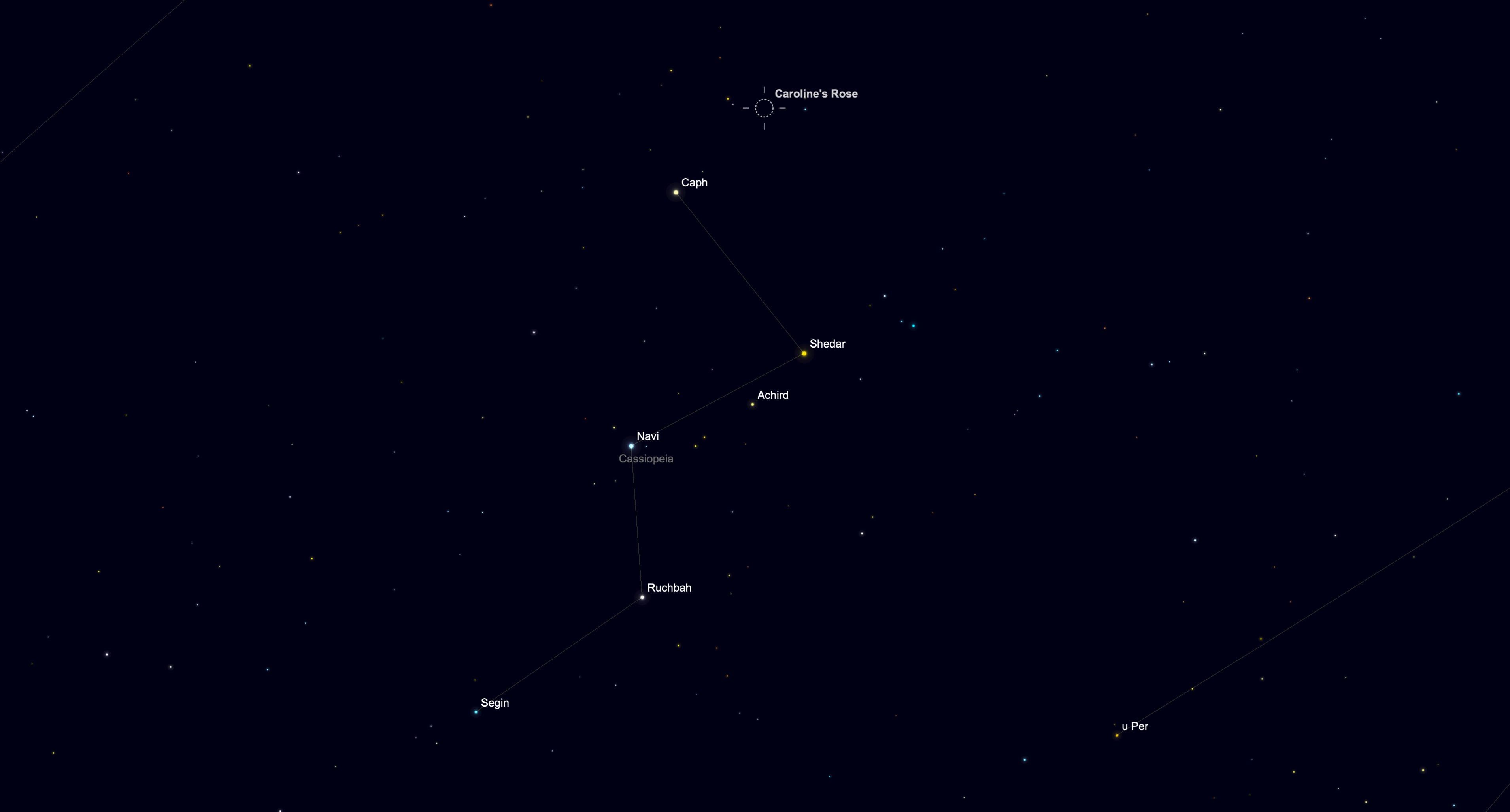 Star chart showing the location of Caroline's Rose Cluster in the constellation Cassiopeia on Sept. 21, 2026.
