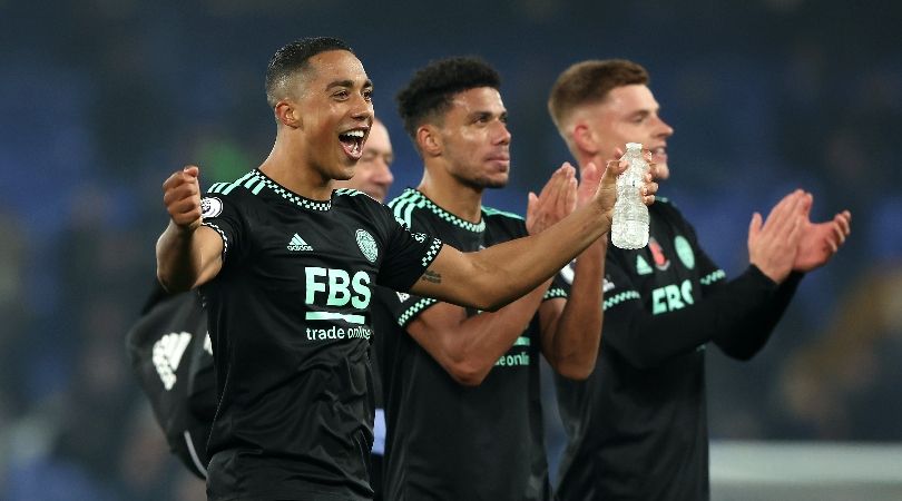 Youri Tielemans celebrates with team-mates after Leicester&#039;s 2-0 win at Everton.