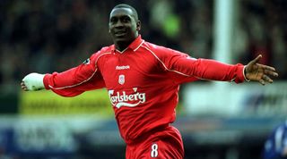 16 Apr 2001: Emile Heskey of Liverpool celebrates after scoring the first goal during the Everton v Liverpool FA Carling Premiership match at Goodison Park, Everton. Mandatory Credit: Gary M. Prior/ALLSPORT