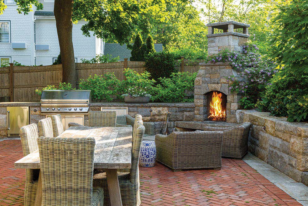 outdoor dining area on a brick patio