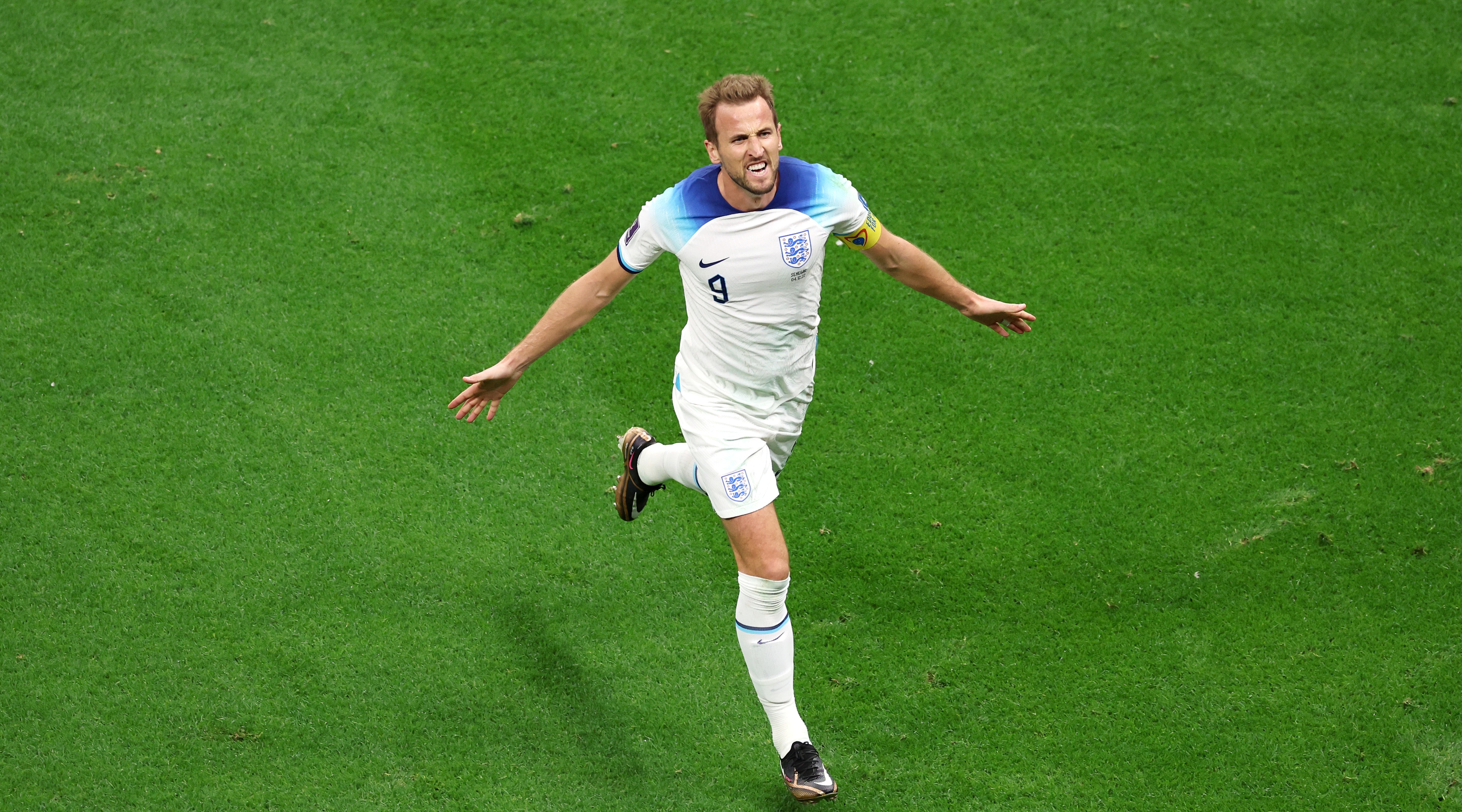 Harry Kane of England celebrates after scoring his country's second goal during the FIFA World Cup 2022 quarter-final match between England and Senegal at Al Bayt Stadium on 4 December, 2022 in Al Khor, Qatar.