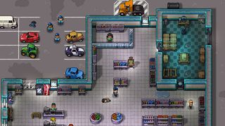 A screenshot of Streets of Rogue 2 showing people milling around a car park and a small shop
